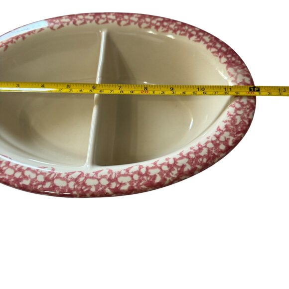 Roseville Spongeware Divided Oval Serving Dish Pink & White 12" x 9" Stoneware - Picture 5 of 8